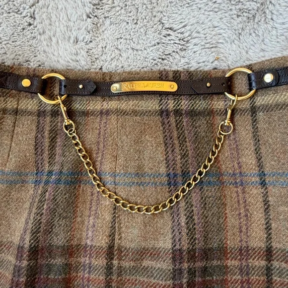 RALPH LAUREN Vintage Plaid Wool Tweed Mini Skirt with Chain Belt Detail Size 7